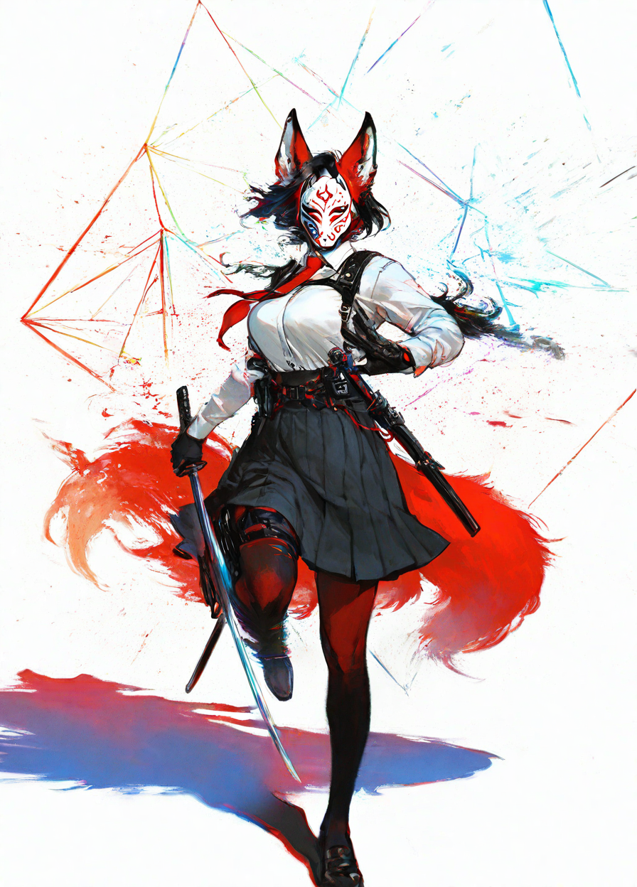 masterpiece, best quality, amazing quality, highres, absurdres, very aesthetic, 
BREAK, 3l3ganc3, semi-realism,1girl, solo, 
looking at viewer, ink art,
30 year old, adult woman,
1girl, 3l3ganc3, semi-realism,colorful, 1girl, large breasts, action pose, ultra detailed cracked fox_mask, fox fire, holding one katana, school uniform, harness, thigh pouch, glowing red fox tails, glitch art, virtual, colored shadow, geometry, local color adaptation, hdr, (chromatic aberration, polarized:1.2),
(dynamic compostion:1.2), anime style, <lora:Elegence_Ink_svd_dare_add:1>