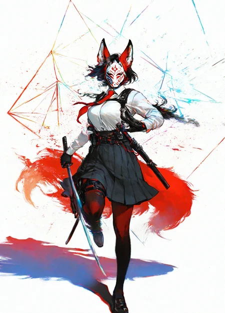 masterpiece, best quality, amazing quality, highres, absurdres, very aesthetic,
BREAK, 3l3ganc3, semi-realism,1girl, solo,
looking at viewer, ink art,
30 year old, adult woman,
1girl, 3l3ganc3, semi-realism,colorful, 1girl, large breasts, action pose, ultra detailed cracked fox_mask, fox fire, holding one katana, school uniform, harness, thigh pouch, glowing red fox tails, glitch art, virtual, colored shadow, geometry, local color adaptation, hdr, (chromatic aberration, polarized:1.2),
(dynamic compostion:1.2), anime style, <lora:Elegence_Ink_svd_dare_add:1>