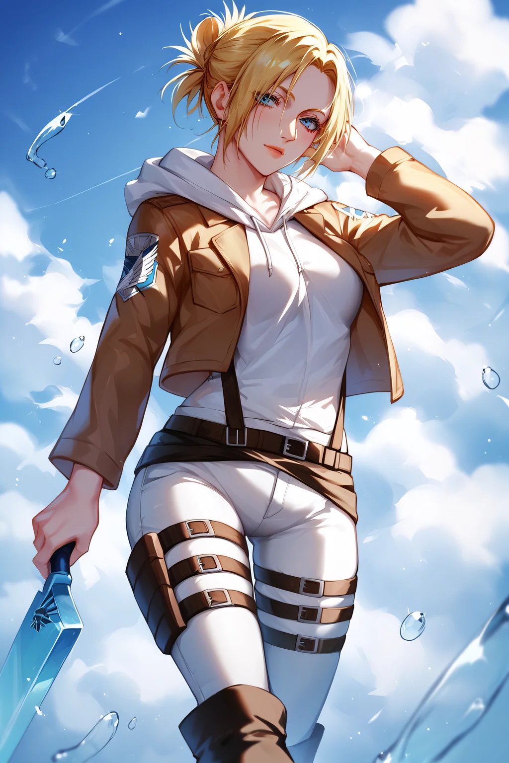 score_9, score_8_up, score_7_up, BREAK source_anime, <lora:annie leonhardt-PonyXL-lora-Faxtron:0.8> annie leonhardt, single hair bun, white hoodie, hood, thigh strap, open cropped brown jacket, white pants, survey corps \(emblem\), boots,