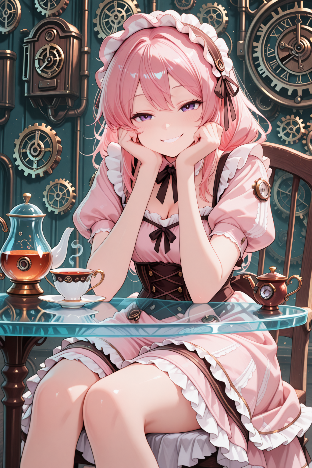 embedding:lazympos, CivChan,purple eyes,pink hair,steampunk tea party dress,sitting at a levitating sugar-glass table,clockwork garden with floating teapots,sipping from a cog-shaped teacup,smiling slyly as cookie gears spin around her <lora:CivChan:0.9> <lora:TrendCraft_The_Peoples_Style_Detailer-v1.0A-3_13_2025-illustrious:0.4>