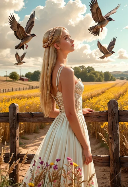 (masterpiece, realistic, best quality, newest, absurdres, highres), detailed eyes, detailed face, 1girl, celine, long hair, blonde hair, crown braid, blunt bangs, green eyes, standing, crossed legs, bustier, suspender skirt, from side, looking up, rolling golden wheat fields, tall stalks, colorful wildflowers, dirt path, old wooden fence, cloudy sky, flock of birds in the distance, SFW