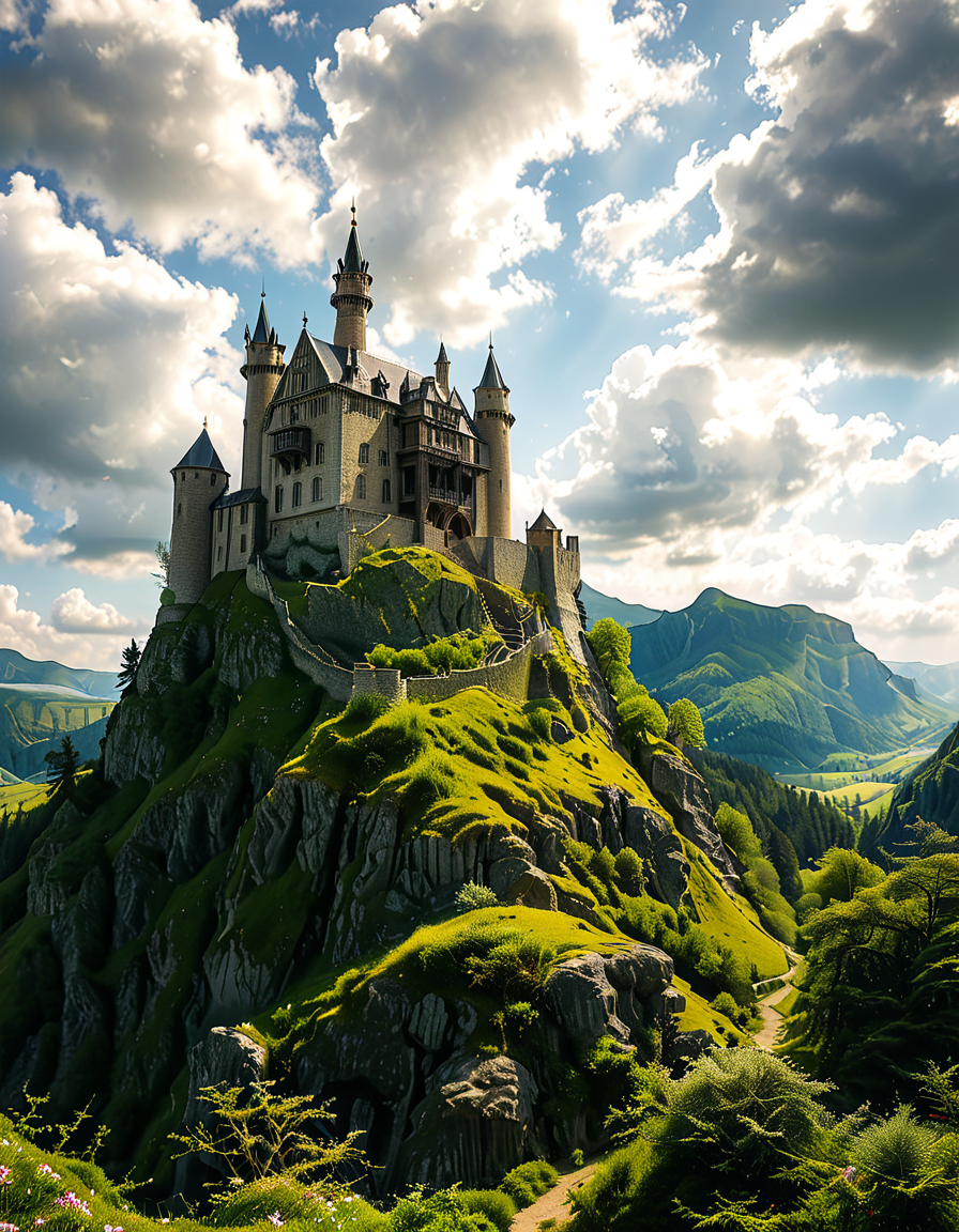 A realistic photograph of a grand medieval castle,medieval c4stl3, perched atop a rugged hill, surrounded by a scenic landscape. The castle is constructed from weathered gray stone, with tall, imposing towers, battlements, and a fortified wall encircling its perimeter. A large central keep rises above the other structures, its windows narrow and arched, evoking a sense of strength and history.
The hill is covered in patches of green grass and rocky outcrops, with a winding dirt path leading up to the castle gates. In the foreground, the surrounding countryside stretches out, dotted with small trees and wildflowers, while in the distance, rolling hills and a faint mist add depth and atmosphere to the scene. The sky above is partly cloudy, with rays of sunlight breaking through, casting dramatic shadows on the castle and hill.
The overall mood is majestic and timeless, capturing the grandeur and mystery of medieval architecture in harmony with its natural surroundings.<lora:SDXLFaeTastic2400:0.4> <lora:extremely_detailed:0.4> extremely detailed, <lora:medieval_c4stl3:1>, Masterpiece,best quality,hi res,8k,hi res,8k,award winning,(sharp focus, intricate, highly detailed),