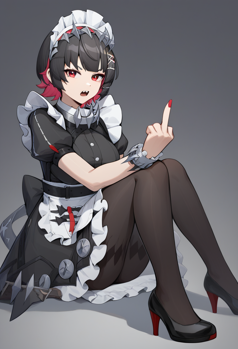score_9,score_8_up,score_7_up,<lora:zzz_all_pony_v1:1>,grey_background, middle_finger, puffy_short_sleeves, hand_between_legs, solo, maid_headdress, 1girl, highres, full_body, blurry_background, upper_teeth_only, frilled_apron, absurdres, film_grain, frilled_hairband, black_pantyhose, ellen_joe, white_apron, black_dress, hand_up, simple_background, shadow, blunt_ends, high_heels, large_breasts, looking_at_viewer, open_mouth, black_footwear, knee_up