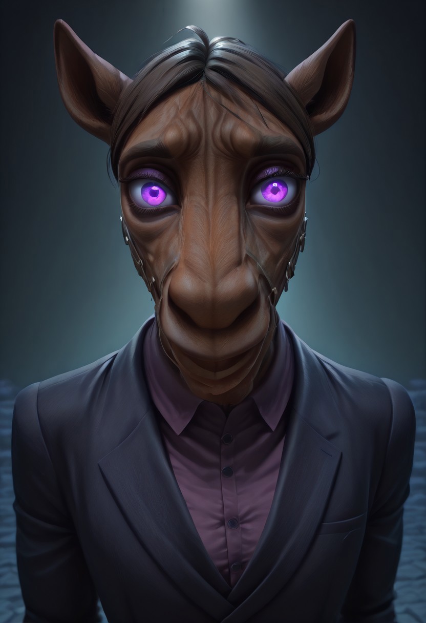 masterpiece, best quality, newest, absurdres, highres, kftenhance, 1boy, Berserk-Friendly-Horse-IL-V1.0, furry, furry male, suit, shirt, nectie, formal attire, furry male, purple eyes, smile, looking at viewer
