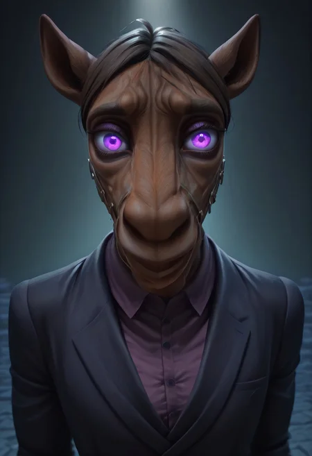 masterpiece, best quality, newest, absurdres, highres, kftenhance, 1boy, Berserk-Friendly-Horse-IL-V1.0, furry, furry male, suit, shirt, nectie, formal attire, furry male, purple eyes, smile, looking at viewer