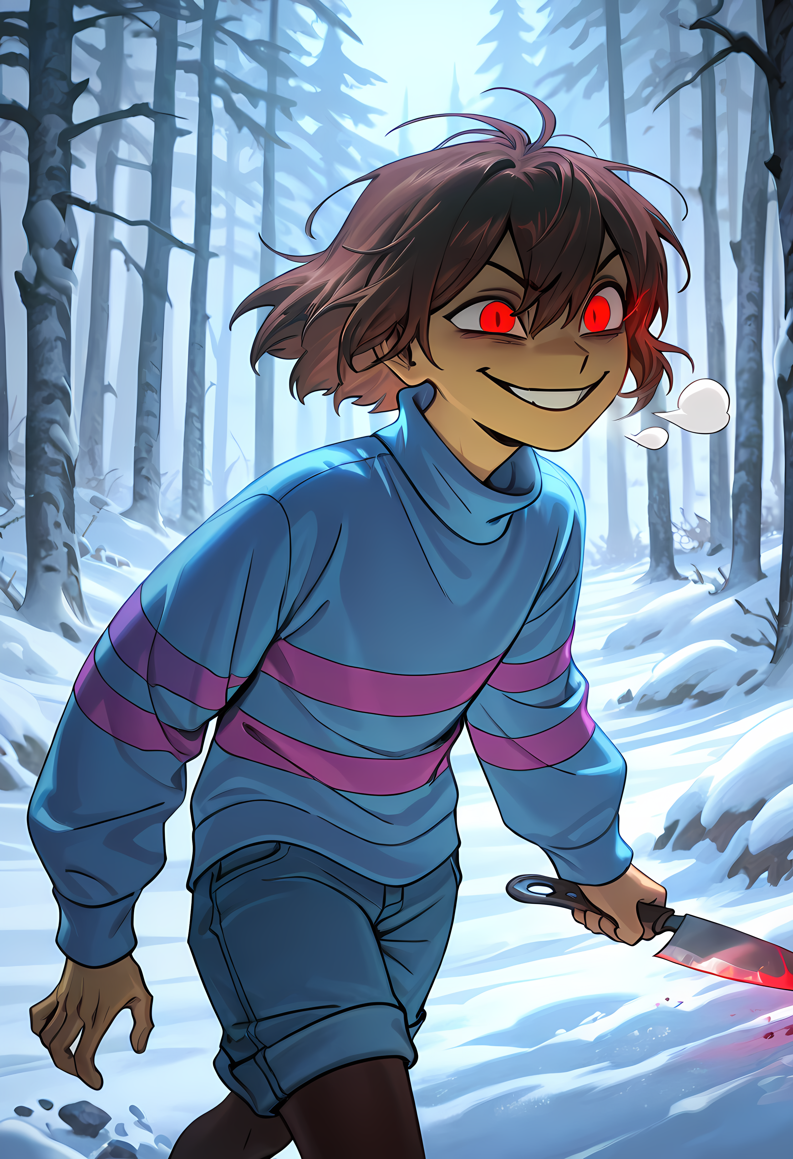 , <lora:L0LSPL4SH_IllustriousXLv01:0.6> best quality, masterpiece \(quality\), L0LSPL4SH, year2024, year2023, West Studio, sixmorevodka,1 girl,,short hair, purple outfit,  frisk , brown hair, red glowing eyes,,, sweater, evil smile,, solo, striped sweater, , striped, ,  shorts,blue shirt,purple striped shirts, <lora:Frisk_new_ill:1>,turtleneck,frisk,pantyhoes<lora:add-detail-xl:1>,masterpiece,best quality,amazing quality,very aesthetic,absurdres,newest,huge filesize,<lora:spo_sdxl_10ep_4k-data_lora_webui:0.5>,detailed background,upper body,yellow hall,,,holding a single knife,judgment hall ( undertale ),,,snowy,forest,white ground,snow,dust on air,dusty hands,