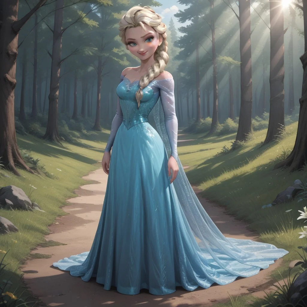 score_9, score_8, BREAK, solo, Elsa_(Frozen), platinum blonde hair, braided ponytail, blue eyes, eyeshadow, lipstick, cyan long dress, cyan heels, self portrait, smile, looking at viewer, outdoors, sunlight, shadows, evening lighting, natural lighting, forest, trees, grass, orange sky, sunset