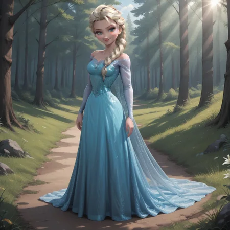 score_9, score_8, BREAK, solo, Elsa_(Frozen), platinum blonde hair, braided ponytail, blue eyes, eyeshadow, lipstick, cyan long dress, cyan heels, self portrait, smile, looking at viewer, outdoors, sunlight, shadows, evening lighting, natural lighting, forest, trees, grass, orange sky, sunset
