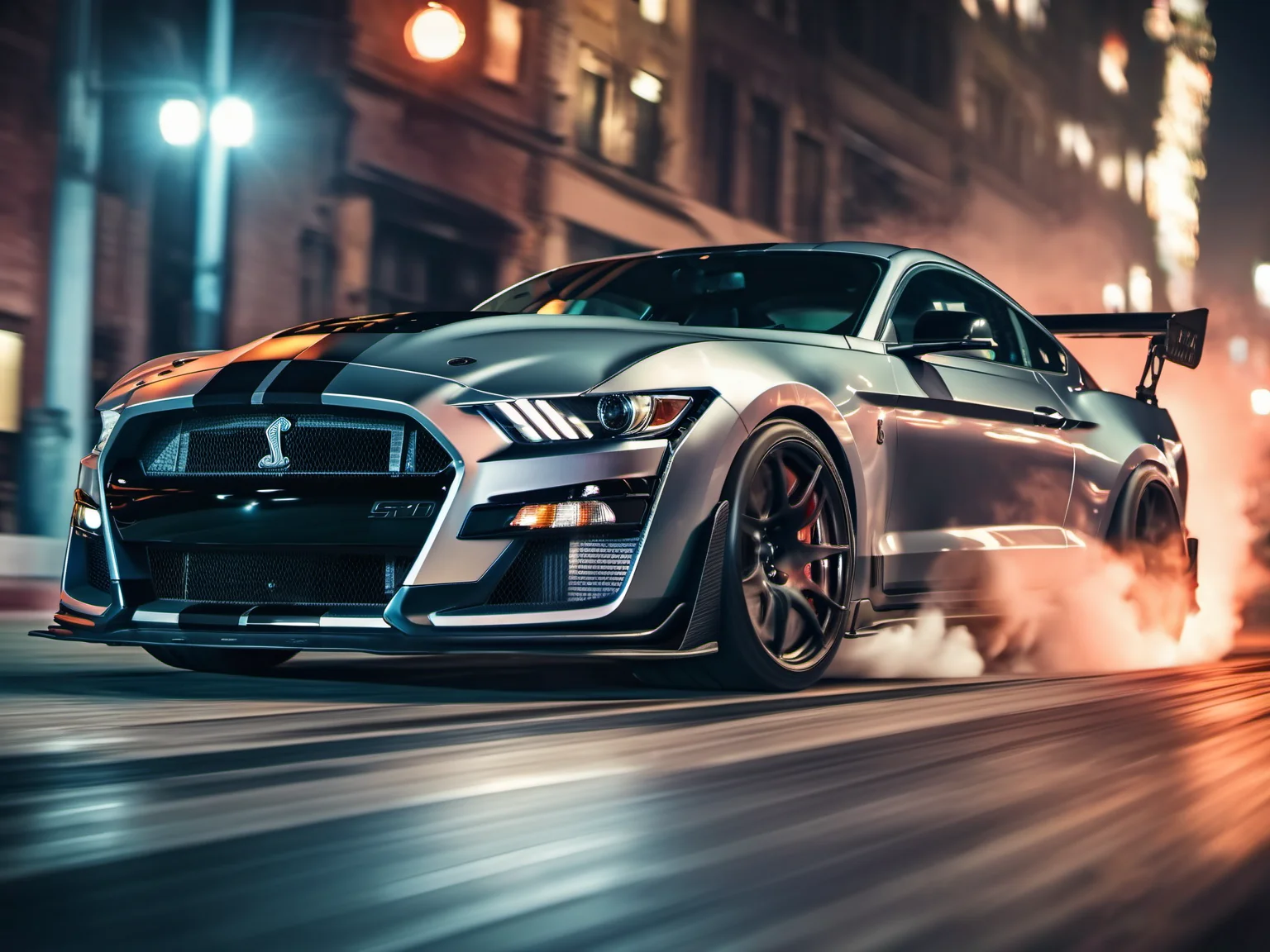 a closeup photo of mstgsgt500 car , drifting,  smoke, ultra detailed, hdr, 8k, ultra high-res, movie picture still-frame, neon city night lights, lights streaks, reflective floor <lora:mstgsgt500_car_t02_SDXL-000010:0.7>