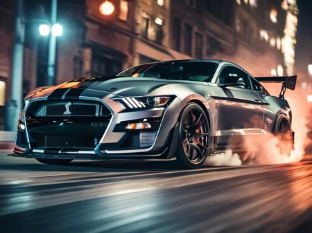 a closeup photo of mstgsgt500 car , drifting, smoke, ultra detailed, hdr, 8k, ultra high-res, movie picture still-frame, neon city night lights, lights streaks, reflective floor <lora:mstgsgt500_car_t02_SDXL-000010:0.7>