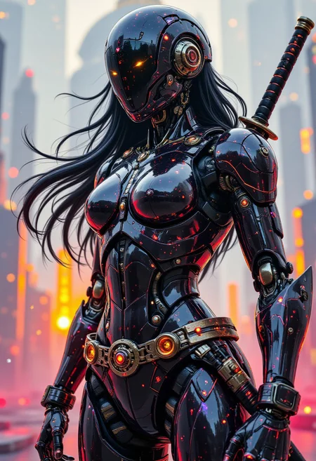 vibrant reflective holographic drawing in the style of ckhg, female cyberpunk robot samurai, robot face with mirrored face shield, hyperdetailed helmet, flowing black hair, reflective black and neon red SilverPulse armor, robot joints, body made of metals, cables and wires, a katana strapped to her back, abstract background suggesting eastern temple