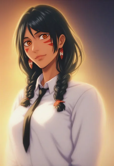 score_9, score_8_up, score_7_up, source_anime, intricate details, anime screencap, perfect balance, official art, extremely detailed CG unity 8k wallpaper, perfect lighting, Colorful, Warm_Front_face_Lighting, (masterpiece:1.0),(best_quality:1.0), ultra high res,4K,ultra-detailed, photography, 8K, HDR, highres, absurdres:1.2, Kodak portra 400, blurry background, bokeh, lens flare, (Anime) (vibrant_color:1.2), professional photograph, night, (cute_face:1.2), 2d, anime, upper body, intricate iris, American, Professional character design, 1girl, female focus, (Orange eyes), perfect eyes, (black-hair), Native American, Indigenous, American Indian, youthful, solo, jujutsu_kaisen_style, character portrait, (perfect-lighting), face, young, (Dark-black-hair), Long hair, (Native American), Indigenous, American Indian, (((wild eyes))), (Native North American), (Upturned eyes), (high cheekbones), (strong jawline), (Black Hair), ((((Native-American-Eagle-feather-braids, Native American Eagle feather accessories)))), (((wild eyes))) ((Bobbed Bangs)) (((Slanted-Eyes))) (Psycho) (Happy) (Friendly) (Goofy) (White Dress Shirt), (Warpaint), (Redwood Forest, Pacific Northwest Forests), (Inuit), (Tan skin), (Dark Skin), (Brown skin), (bobbed hair), White Eagle-Feather-Earrings, Thick Bangs, Bobbed hair, Bob-cut, White-Feather-Earrings, Brown-skin, Inuit Face-paint, Full-Bangs, Wide-Bangs, Thick-Hair, Native Face-paint, cleavage, (White Dress Shirt), (Black Suit Tie), Schizo, Psycho, Yandere