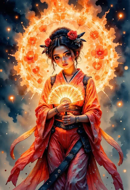 Jedwtclr, watercolor art,  A mystical geisha surrounded by a magical aura, holding a Jedfrsw fire fan, embers float around her in a starry night setting
