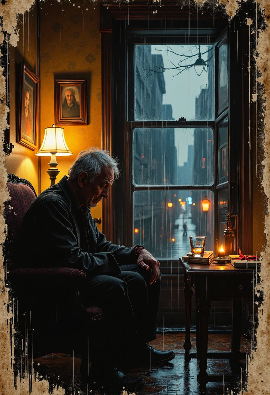 Jedcyb3r, Jedspl4tt, A dimly lit living room bathed in the golden glow of a dying fireplace, casting flickering shadows across the worn furniture. An old man sits alone in a faded armchair, his weathered hands resting on his lap, his eyes lost in the haze of memory. Faint, ghostly silhouettes of past lovers appear in the dim light—smiling faces that once brought warmth, now mere echoes of time. A half-empty glass of whiskey sits on the nearby table, next to a stack of aged letters tied with a frayed ribbon. The air is thick with nostalgia, the room filled with remnants of a life well-lived yet tinged with sorrow. The wallpaper peels slightly at the edges, old photographs line the mantle, their edges curled with age. Outside, a cold rain patters against the window, distorting the city lights into a blurred, melancholic glow. The weight of love lost lingers in the air, heavy yet beautiful in its quiet solitude.