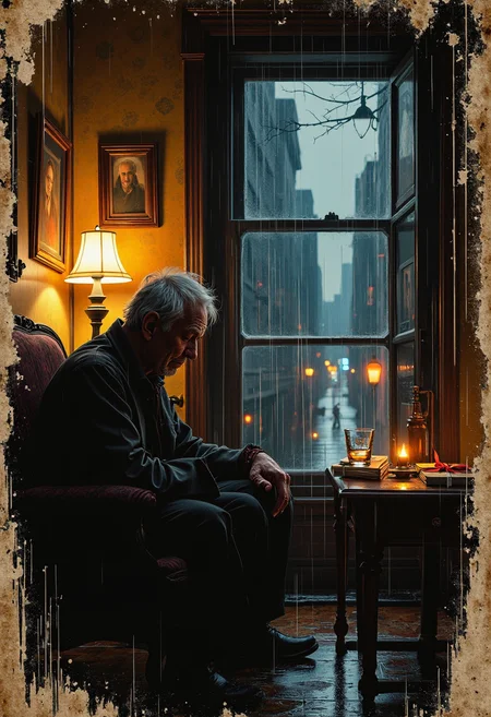 Jedcyb3r, Jedspl4tt, A dimly lit living room bathed in the golden glow of a dying fireplace, casting flickering shadows across the worn furniture. An old man sits alone in a faded armchair, his weathered hands resting on his lap, his eyes lost in the haze of memory. Faint, ghostly silhouettes of past lovers appear in the dim lightâsmiling faces that once brought warmth, now mere echoes of time. A half-empty glass of whiskey sits on the nearby table, next to a stack of aged letters tied with a frayed ribbon. The air is thick with nostalgia, the room filled with remnants of a life well-lived yet tinged with sorrow. The wallpaper peels slightly at the edges, old photographs line the mantle, their edges curled with age. Outside, a cold rain patters against the window, distorting the city lights into a blurred, melancholic glow. The weight of love lost lingers in the air, heavy yet beautiful in its quiet solitude.