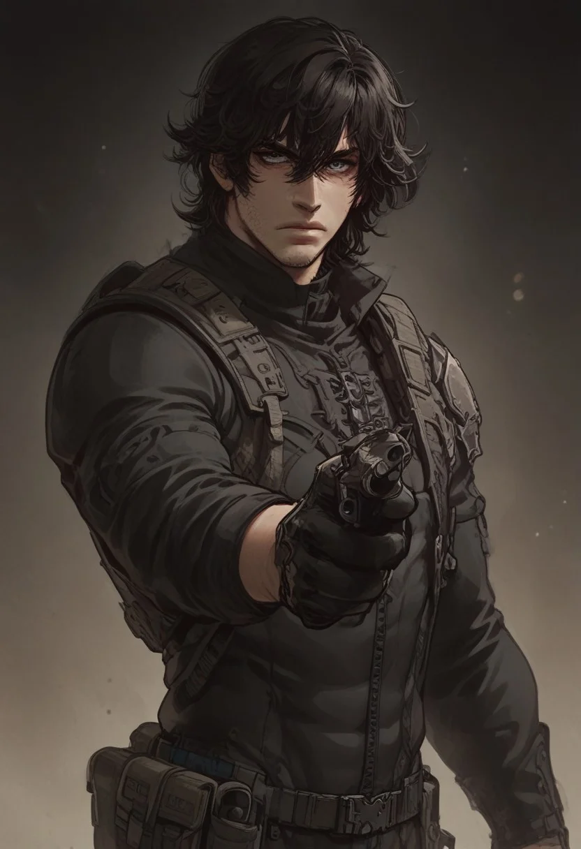 (score_9,score_8_up,score_7_up,score_6_up,score_5_up,score_4_up), tacticalgear,
1boy, marcosoliveira, long black hair, straight hair, wolf cut hair, dark blue eyes, stubble, cowboy shot, solo, looking_at_viewer, strong body, 1boy, solo, male focus, serious, closed lips, tired look, muscular male,
black shirt, shoulder gun holster, pointing pistol at viewer. dynamic position, aiming pistol
dark background, night,
Expressiveh