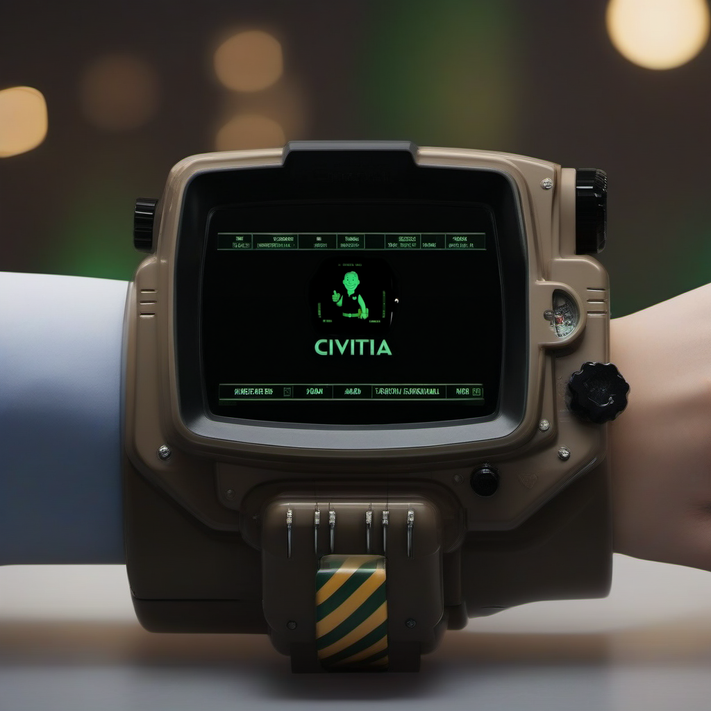 a wrist computer, vintage black and green display screen, a smiley cartoon character thumbs up (((text ''CIVITAI''))) <lora:PipBoy1024:0.8>