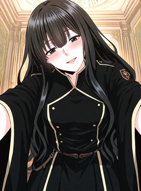 <lora:Kathyln_Glayder__The_Beginning_After_the_End__Illustrious-000009:1>
1 girl, solo, black eyes, brwon eyes, very long hair, black hair, bangs, wavy hair, ahoge, hair between eyes, small breasts, black uniform, long skirt, black thighhighs, balck footwear, sidelocks, long sleeves, belt, frills
score_9, score_8_up, score_7_up, score_6_up, source_anime, rating_explicit, 1girl, solo, smile, embarrassed, alcalose eyes, open mouth, mansion, indoors, looking at viewer, outstretched arms, pov, close-up, (head tilt:1.2) , <lora:iLLMythG0thicL1nes:1>