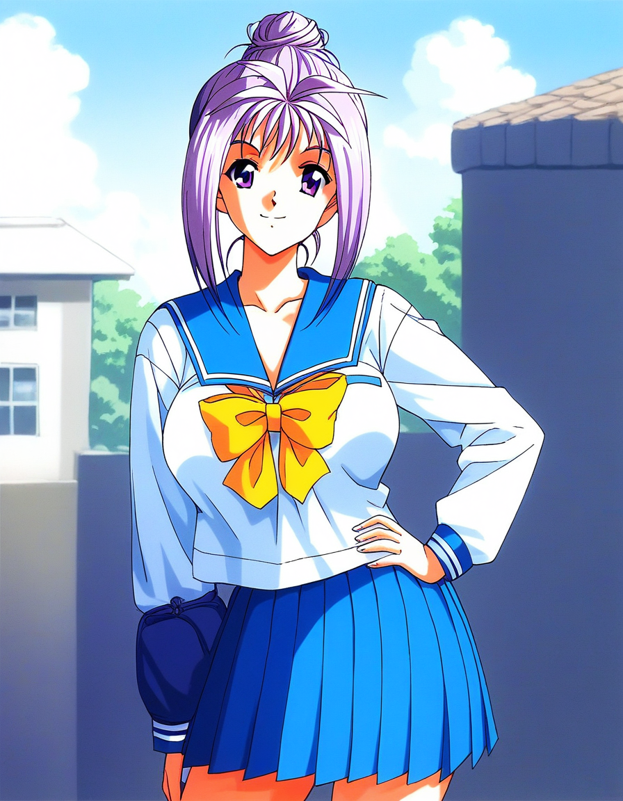 score_9, score_8_up, score_7_up, source_anime, rating_explicit, BREAK  <lora:Katagiri_Ayako_XL:1>ãKatagiriAyako, light purple hair, single hair bun, long hair, large breasts, purple eyes
1990s \(style\),
1girl, solo, school uniform, serafuku, bow, skirt, yellow bow, hand on hip, sailor collar, blue skirt, smile, long sleeves, pleated skirt
outdoor, blue sky, day,