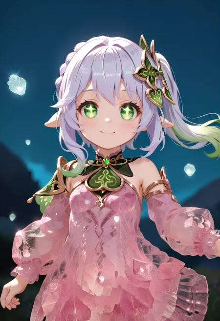 score_9, score_8_up, score_7_up, source_anime, perfect anatomy, ((outlined outlined vector graphics)), ,cute face, outdoors , night, upper body, wind, black theme,
,cute face, glimmering, glowing,glittering,
1girl, solo, nahida \(genshin impact\), medium breast, front view , looking at viewer , (glow eyes:0.9),fantasy,, standing
pink clothes, pink crystal dress, pink cyrstal clothes,action pose, rose quartz clothes, rose quartz dress, rose quartz armor, shoulder armor, smile,see through <lora:rose-quartz-clothes-01:1.15>