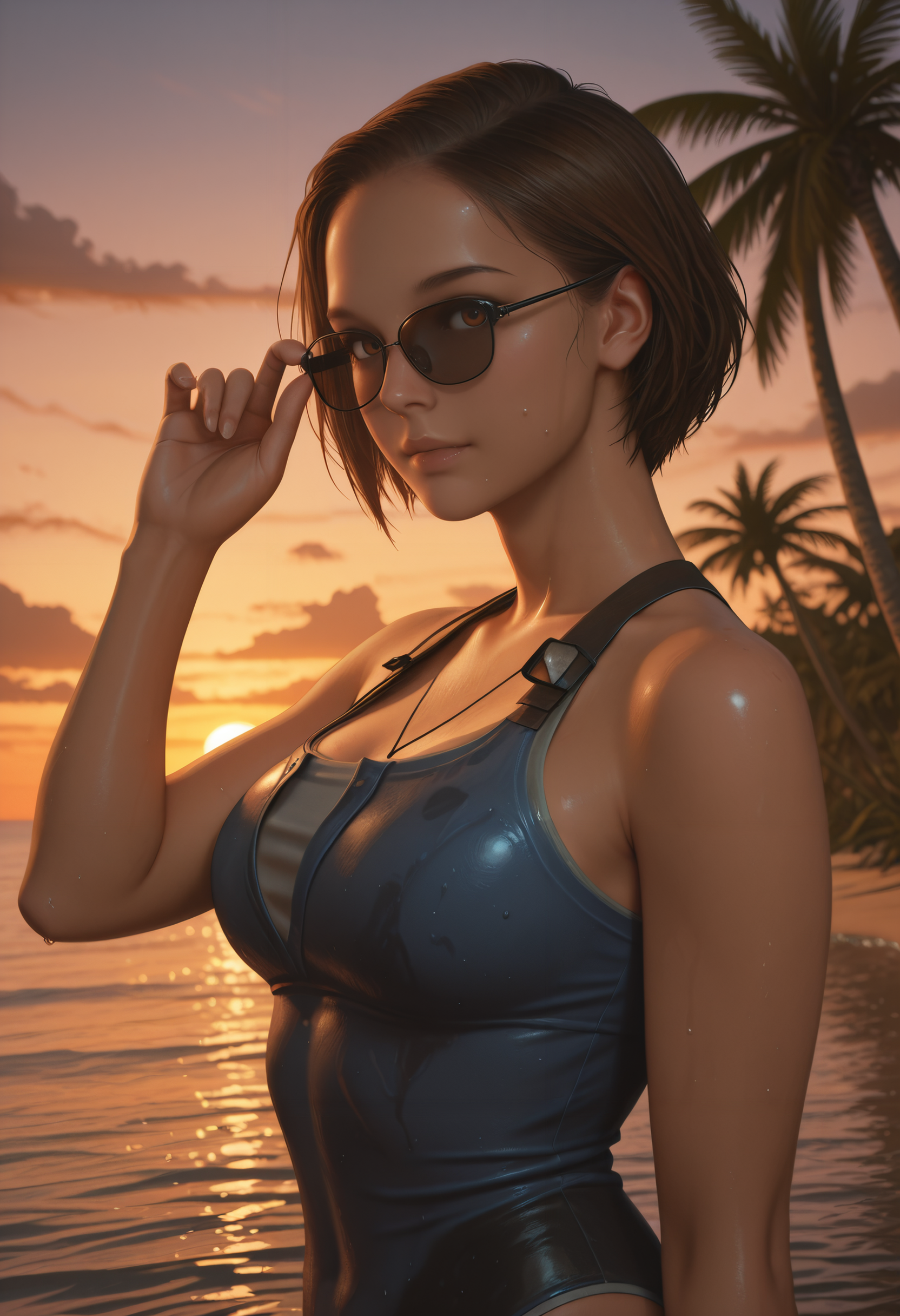 masterpiece, best quality, absurdres, highres, extremely high detail,
<lora:ILRE3Jill:1.0>
RE3Jill, 1girl, brown hair, short hair, brown eyes, school swimsuit, wet body, happy,smile,:D,all dours,from side,looking back, realstic background, depth of fields,cinematic lighting,dutch angle,outdoors,sunny day,ocean,beach