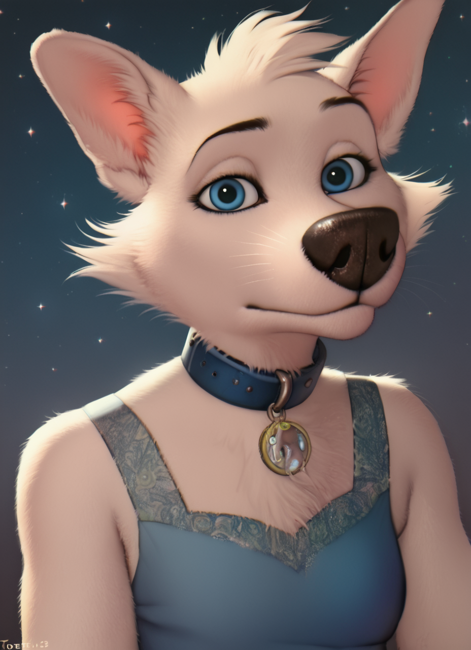 zPDXL3,<lora:Belka_Pony:0.8>,by TotesFleisch8,dress,space dogs,dog belka,blue eyes,looking_at_viewer,collar,,anthro,furry, <lora:PDXL_artist_tags_v2_big:1>