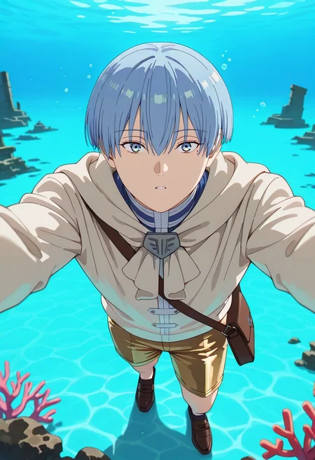 masterpiece, best quality, intricate details, (realistic:0.6), looking at viewer, , 1boy, solo, male focus, <lora:himmel_sousou_no_frieren_ilxl:0.9>, himmel_sousou_no_frieren, blue hair, blue eyes, short hair, bangs, hair between eyes, mole under eye, underwater ruins, shell structures, bubble paths, coral growths, investigating pose, fascinated expression, aqua lighting, Gold Shorts, Striped crew neck sweater, Loafers, , Ascot andSling Bag