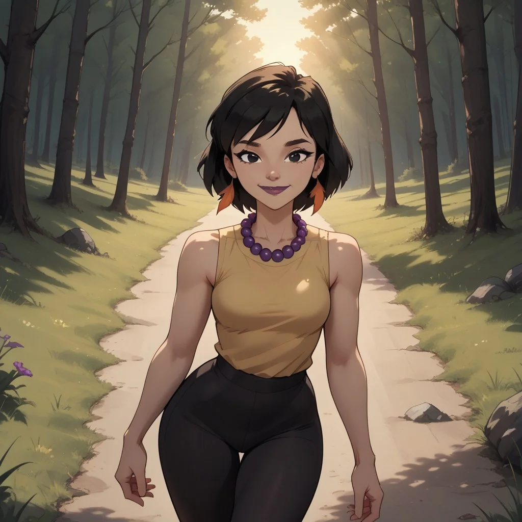 score_9, score_8, BREAK, solo, black hair, black eyes, purple lips, purple necklace, feather earrings, sleeveless shirt, leggings, sneakers, total drama, Sky_(\Total_Drama\), cute, tdpi, sexy pose, smile, outdoors, sunlight, shadows, evening lighting, natural lighting, forest, trees, grass, orange sky, sunset
