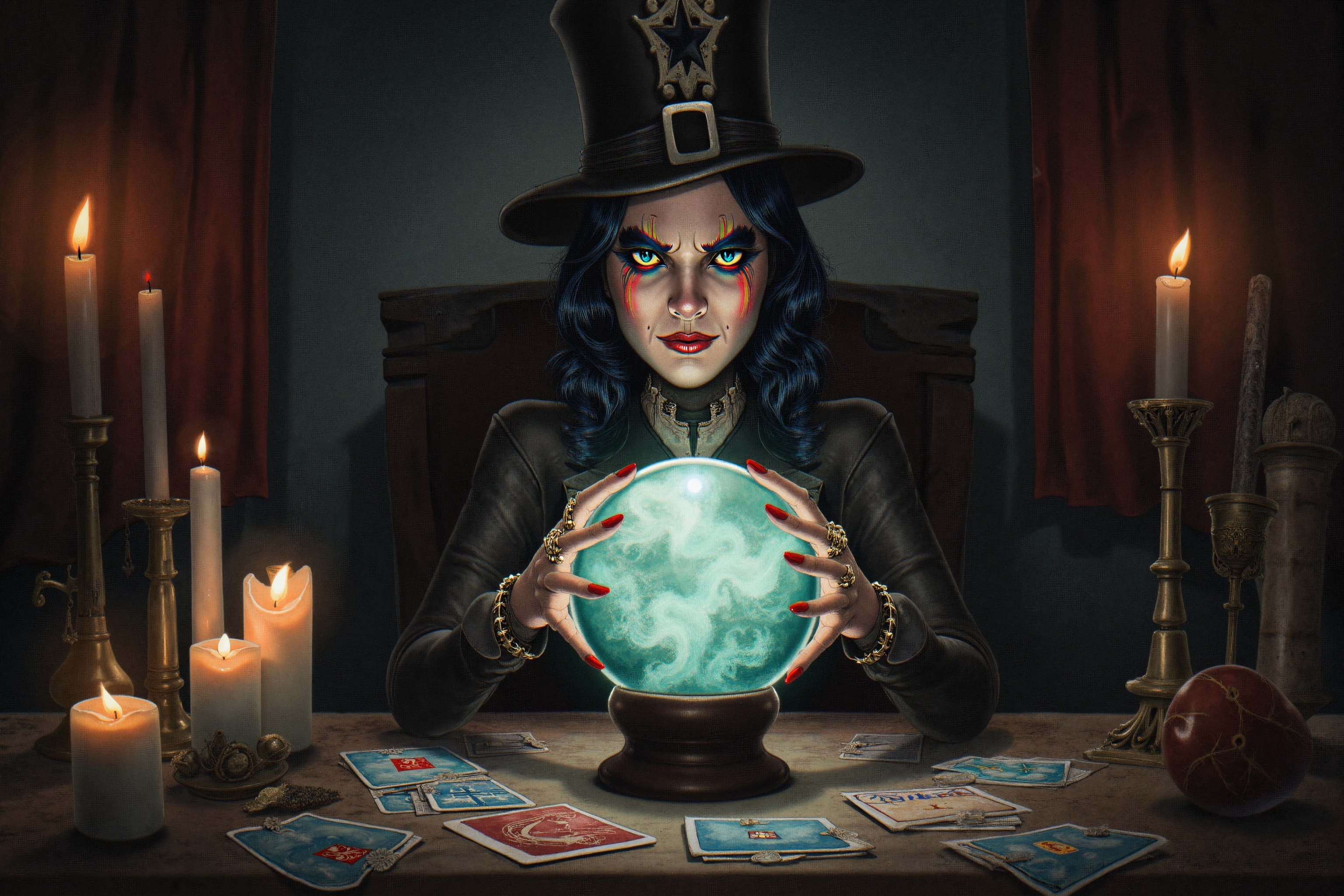 An enigmatic fortune teller in a dimly lit room, her hands hovering over a crystal ball. Her eyes are intense, peering into the swirling mists within the glass. The table in front of her is cluttered with tarot cards, candles, and strange artifacts, creating an atmosphere thick with mystery