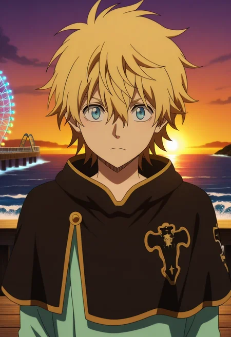 masterpiece, best quality, intricate details, anime screencap, anime coloring, official style, looking at viewer, 1boy, solo, male focus, <lora:luck_voltia_ilxl:0.9>, luck_voltia, blonde hair, blue eyes, short hair, hair between eyes, , capelet, seaside pier, crashing waves, glowing ferris wheel, wooden planks, walking pose, nostalgic expression, sunset colors,