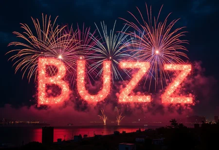 big new year fireworks, night sky, bright and colorful fireworks writing (("BUZZ")) in night sky, vibrant colors, colorful, realistic