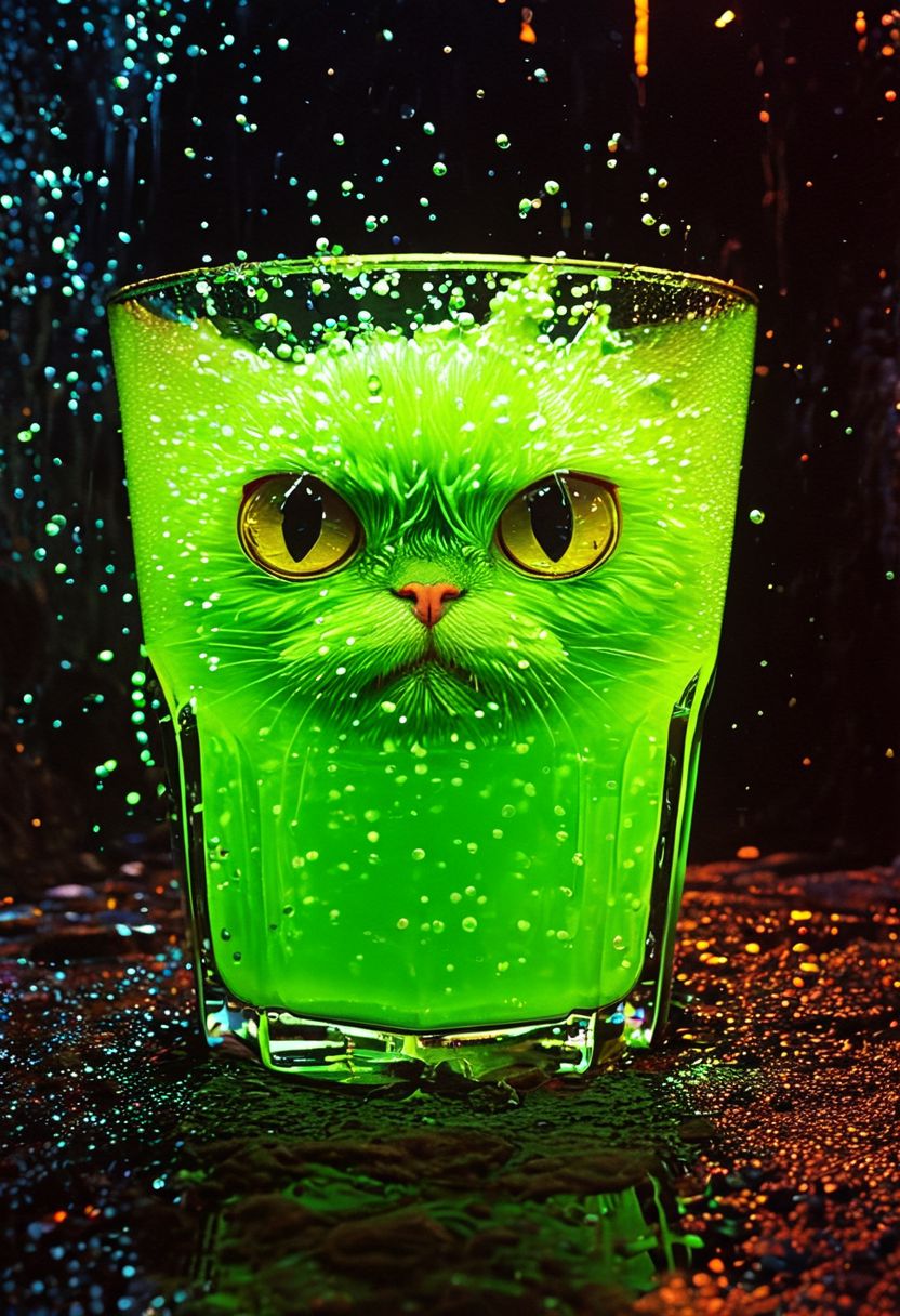 A giant glass of bubbly green liquid with big yellow eyes, sitting ominously in the middle of a dark dungeon. The liquid fizzes and bubbles, while the eyes float and blink, giving it a watchful, eerie presence., 
in the style of hauntingly atmospheric dark fantasy, VHS, horror, 80's horror with vibrant colors
silhouette ,
in the style of the decaying empire of Wrstreich, dark magic and grotesque creatures abound, inspired by Sean Aaberg's punk aesthetic, dark fantasy world combines grim landscapes with vibrant, exaggerated neon colorful art, old 80's VHS dark fantasy, VHS screen grab, grainy, old footage