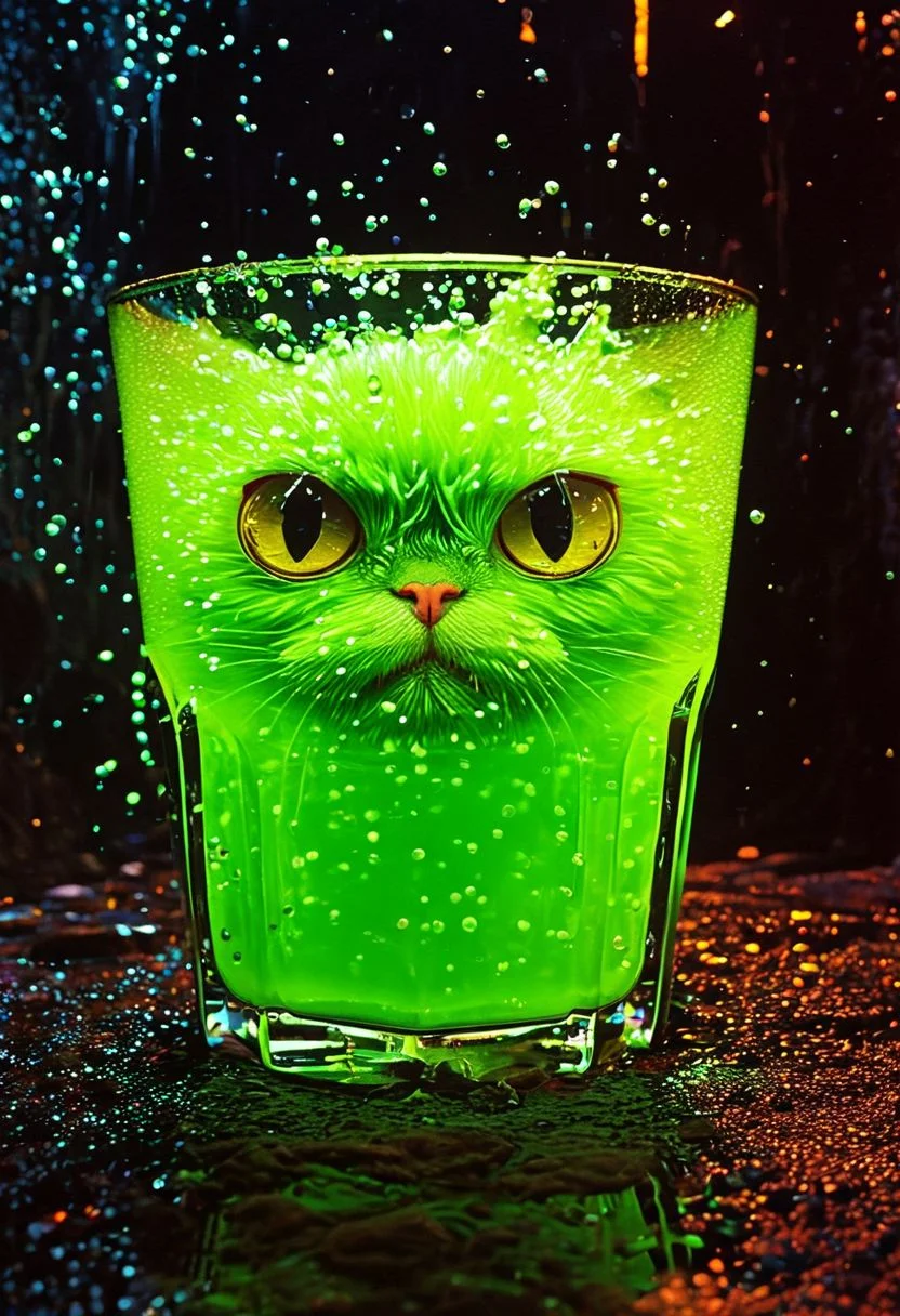 A giant glass of bubbly green liquid with big yellow eyes, sitting ominously in the middle of a dark dungeon. The liquid fizzes and bubbles, while the eyes float and blink, giving it a watchful, eerie presence.,
in the style of hauntingly atmospheric dark fantasy, VHS, horror, 80's horror with vibrant colors
silhouette ,
in the style of the decaying empire of Wrstreich, dark magic and grotesque creatures abound, inspired by Sean Aaberg's punk aesthetic, dark fantasy world combines grim landscapes with vibrant, exaggerated neon colorful art, old 80's VHS dark fantasy, VHS screen grab, grainy, old footage