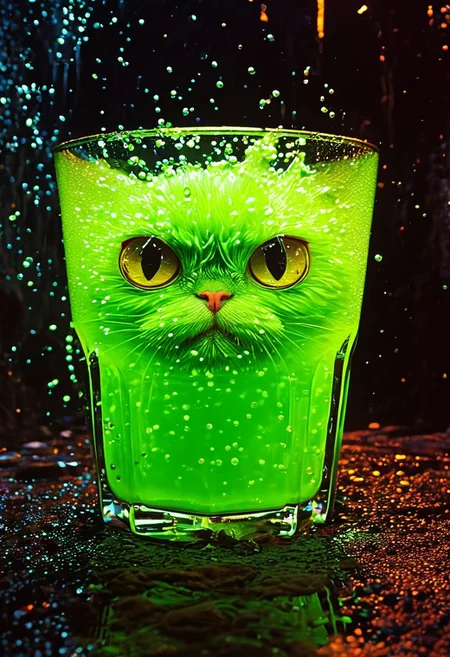 A giant glass of bubbly green liquid with big yellow eyes, sitting ominously in the middle of a dark dungeon. The liquid fizzes and bubbles, while the eyes float and blink, giving it a watchful, eerie presence.,
in the style of hauntingly atmospheric dark fantasy, VHS, horror, 80's horror with vibrant colors
silhouette ,
in the style of the decaying empire of Wrstreich, dark magic and grotesque creatures abound, inspired by Sean Aaberg's punk aesthetic, dark fantasy world combines grim landscapes with vibrant, exaggerated neon colorful art, old 80's VHS dark fantasy, VHS screen grab, grainy, old footage