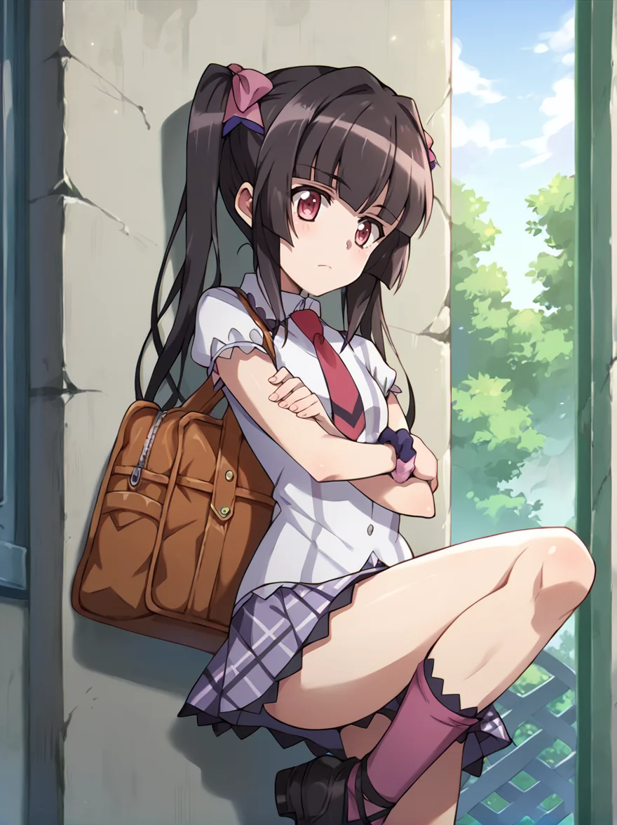 score_9, score_8_up, score_7_up, score_6_up,, score_5_up, BREAK, source_anime, ,kydian, plaid skirt, tie, purple socks, cross-laced footwear, shirabe, pigtails, sideways glance, foot up, leaning back against wall, crossed arms, wrist scrunchie, school bag, academy, hall, pillars, <lora:GX-Shirabe-Base:1>