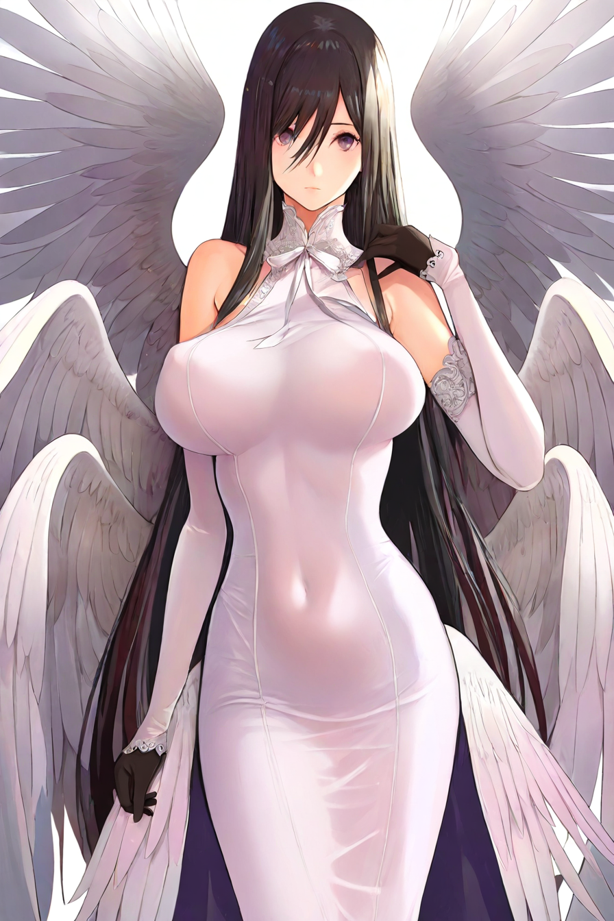 <lora:Misa_Suzuhara_Pony:0.4> , misa suzuhara, long hair, black hair, very long hair, hair between eyes, perky breast, gloves, dress, detached sleeves, white dress, covered navel, wings, angel wings, angel, multiple wings, symmetrical angel wings,  1girl, solo, alone, <lora:oh_great_style_illustriousXL:1>, oh_great_style, masterpiece, highres