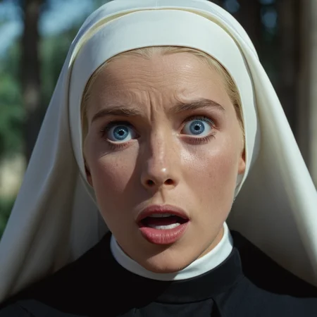 cinematic film still of <lora:1960's style:1>
In the 1960's a surprised woman in a nun outfit looks surprised,1girl,solo,looking at viewer,open mouth,blue eyes,blonde hair,parted lips,teeth,lips,freckles,realistic,nun,habit,horror (theme) ,realistic,realism, detailed, perfection,perfect,filmic,retro,vintage,classic,different haircut,different look,different style,1960's style , 1960 style, shallow depth of field, vignette, highly detailed, high budget, bokeh, cinemascope, moody, epic, gorgeous, film grain, grainy