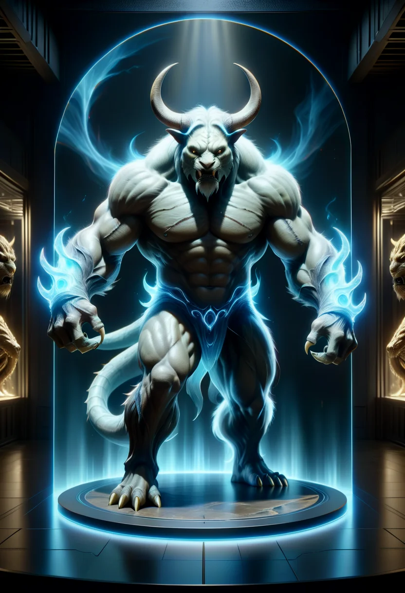 hyper detailed masterpiece, dynamic, awesome quality,hyperrealism,amazon, large ogre-like fearsome otherworldly creature, fearsome monstrous appearance, muscular imposing physique, earthy skin, horns, sharp claws, tusks, loincloths made of tiger skin, supernatural malevolent power, malevolent beings, powerful , on a DonMH010D15pl4yXL holographic display <lora:DonMH010D15pl4yXL-000008:1>