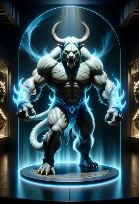 hyper detailed masterpiece, dynamic, awesome quality,hyperrealism,amazon, large ogre-like fearsome otherworldly creature, fearsome monstrous appearance, muscular imposing physique, earthy skin, horns, sharp claws, tusks, loincloths made of tiger skin, supernatural malevolent power, malevolent beings, powerful , on a DonMH010D15pl4yXL holographic display <lora:DonMH010D15pl4yXL-000008:1>