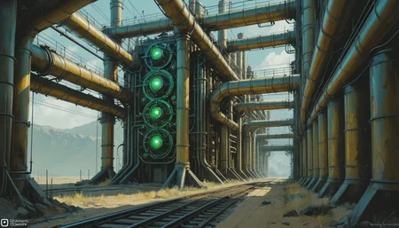 You move with caution, your senses heightened as you scan the perimeter of the fortress. The ground beneath your feet is slick with oil, making every step treacherous. You pause frequently to listen, waiting for any sign of movement or alarm. The only sounds you hear are the distant thrumming of engines and the occasional clang of metal on metal. As you draw nearer, you notice that the walls are covered in intricate patterns of pipes and wires, pulsating with a blue-green energy. It's clear that the Mechanists have invested heavily in their technology, and you wonder what kind of wonders â or terrors â lie within., intricate, elegant, highly detailed, digital painting, rpg, substance designer, zbrush, artstation, concept art, smooth, sharp focus, beautiful face, centered in image, rule of thirds, illustration, golden ratio, epic scale, octane, unreal engine, trending on artstation, 4 k, 8 k, national geographic â