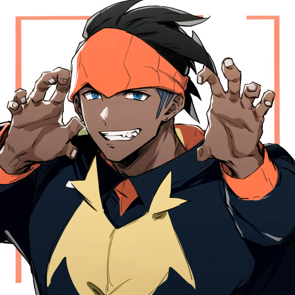highres, masterpiece, high quality, masculine male, raihan \(pokemon\), jacket, headband, claw pose, teeth,