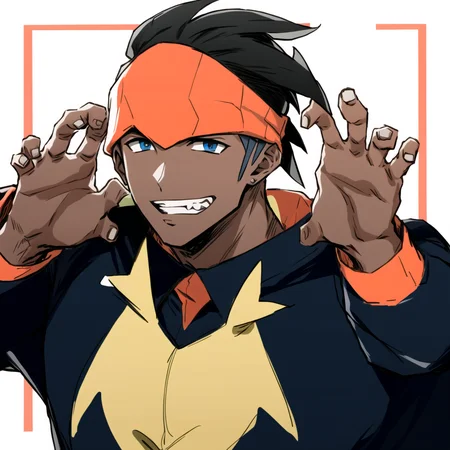 highres, masterpiece, high quality, masculine male, raihan \(pokemon\), jacket, headband, claw pose, teeth,