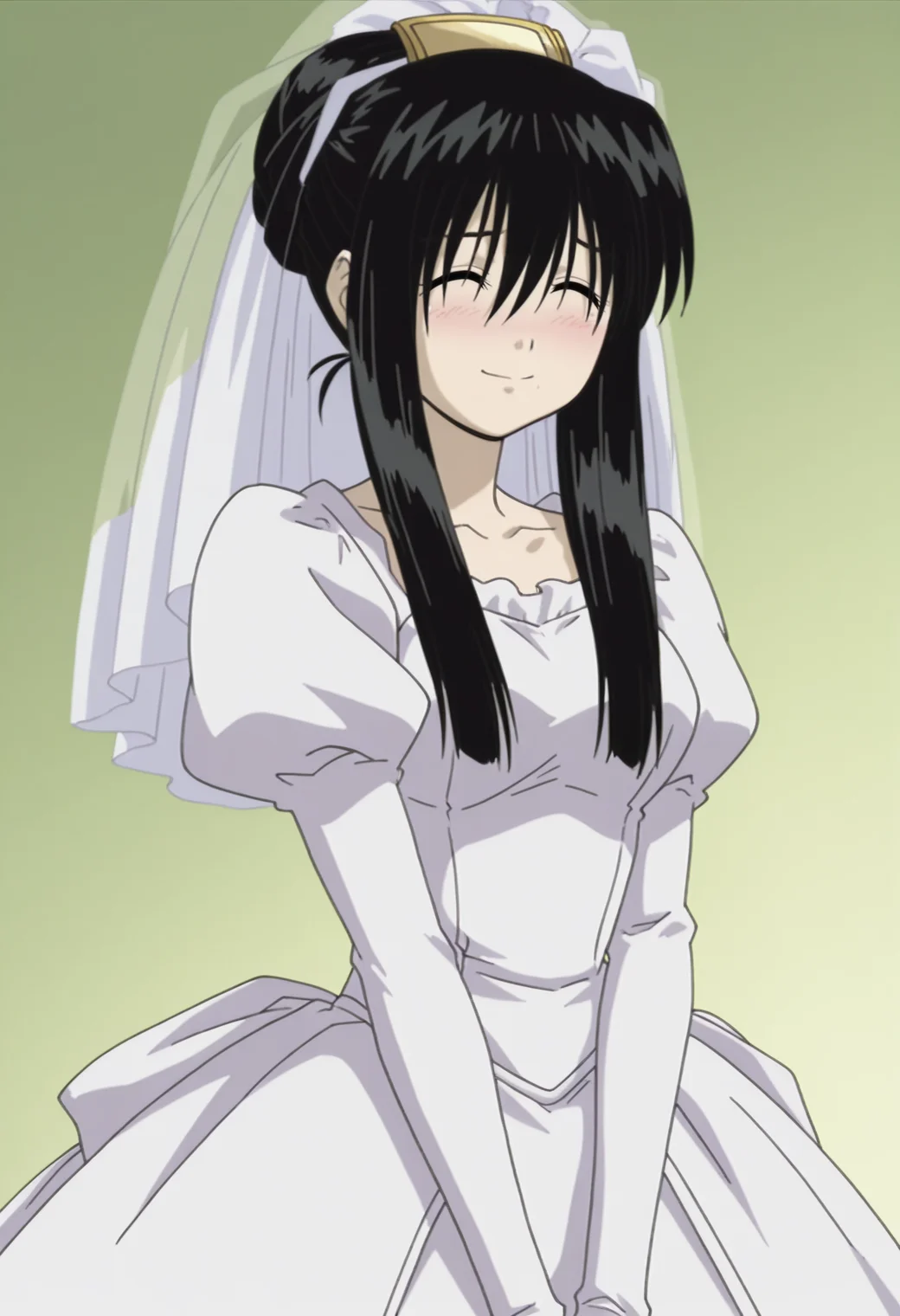masterpiece, best quality, amazing quality, anime coloring, anime screencap,  1girl, solo, <lora:DX888OhnoIL:1> kanako ohno, black hair,hair bun,  ^ ^ smile, blush, wedding dress , BREAK   dynamic pose, simple background,   green  background gradient background, cowboy shot, villain pose,