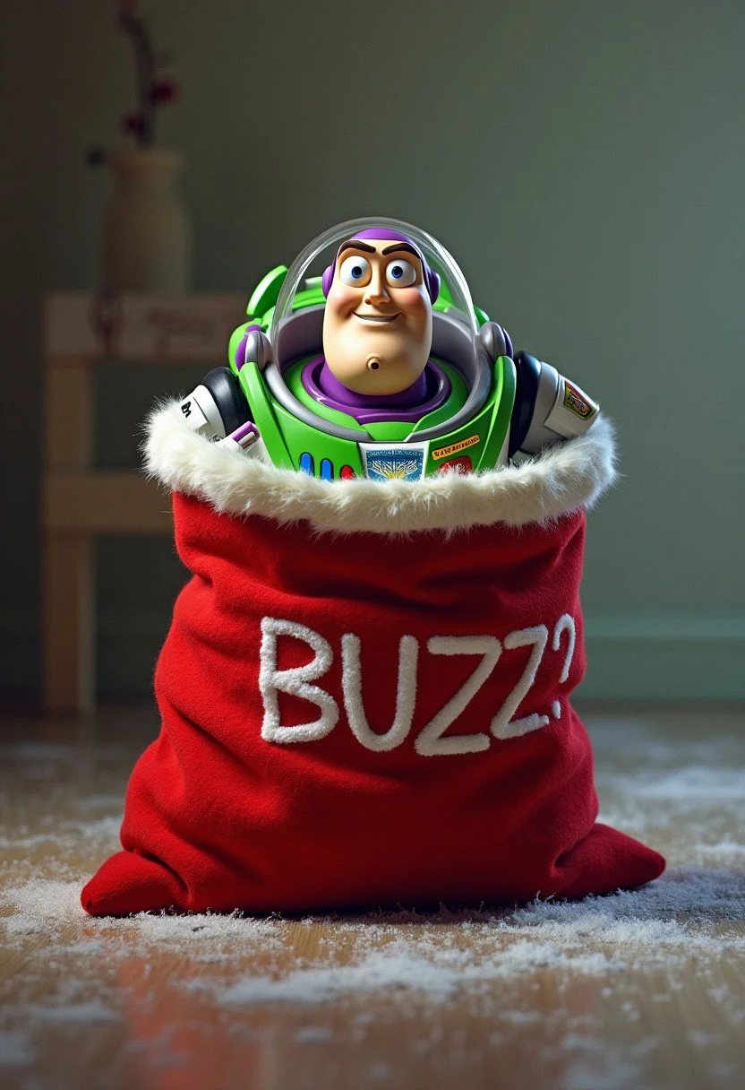 “BUZZ?”, buzz lightyear, buzz cut, empty Santa sack