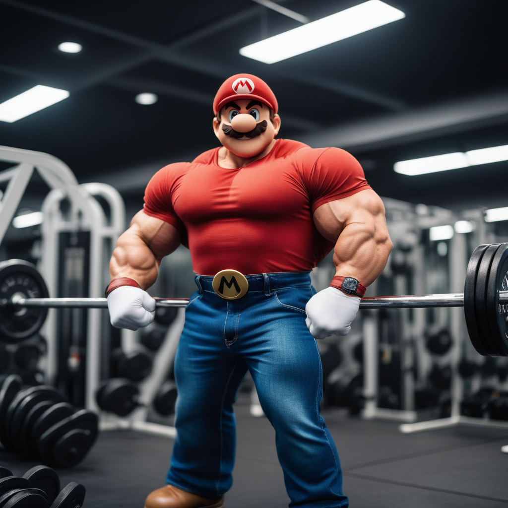 cinematic photo very muscular mario as a bodybuilder in a gym  . 35mm photograph, film, bokeh, professional, 4k, highly detailed  <lora:Mario1024-000200:0.5>