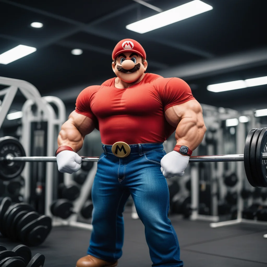 cinematic photo very muscular mario as a bodybuilder in a gym . 35mm photograph, film, bokeh, professional, 4k, highly detailed <lora:Mario1024-000200:0.5>