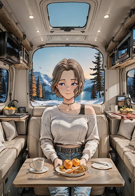 masterpiece,RobynSpade, Short hair, Brown hair, freckles, blue eyes, masterpiece, best quality, amazing quality, 1girl, solo, oversize white sweater, off shoulder, blue jeans, general, <lora:motorhome:0.8>, motorhome, scenery, food, cup, table, fruit, window, indoors, seat, television, Inside the camper, (masterpiece:1.3), best quality, high resolution, unity 8k wallpaper, (illustration:1.2), 8K,
