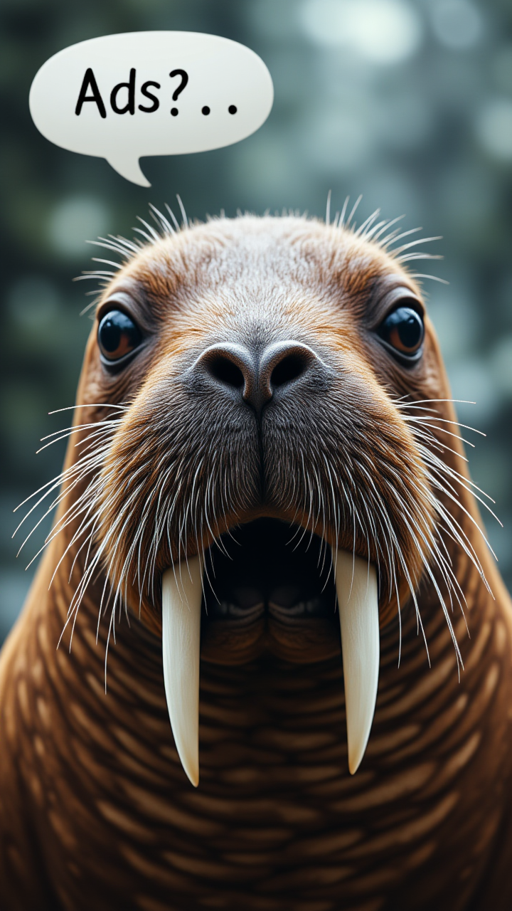 a photo of a Walrus, looking shocked with a speech bubble with text:"Ads?" midjourneyv6.1, detailmaximizer