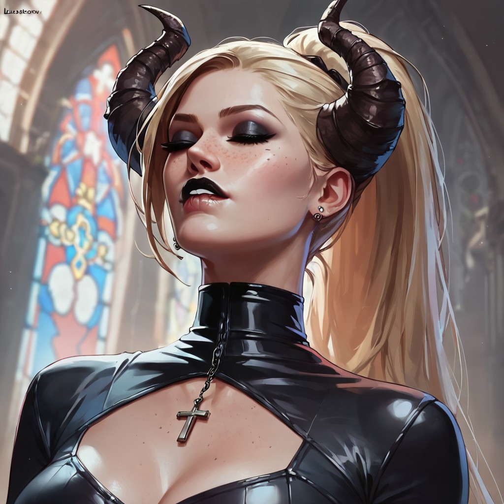 score_8_up, score_7_up, score_6_up, score_9, score_9, score_8_up, score_7_up, score_6_up, raw, 1girl, blonde, (huge devils horns), solo, ((high ponytail)), very long hair, straight hairs, freckles on face, freckles on shoulders, average breasts, eyes closed, lip bite, black makeup, posing, average breasts, black lipstick, latex suit, crosses, (((in church))), face focus, close:1.5 view, low view, side view, ((dark)), lack of light, ((focused light)), <lora:Lunas-K3nnyn3v-SDXL-A1:1> <lora:KrekkovXL:1> <lora:hutagoXL:1>
