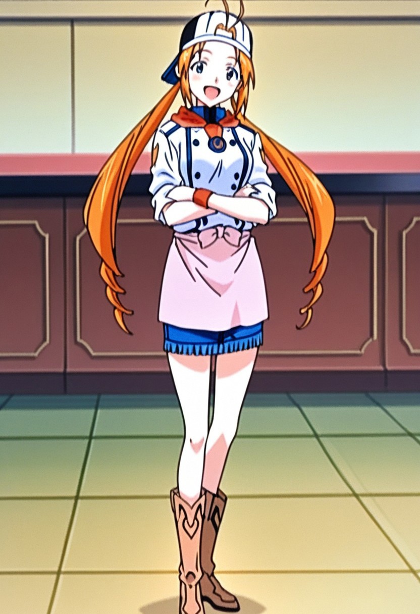 best quality, masterpiece, anime screencap, anime coloring, ultra detailed, source_anime, intricate details, perfect anatomy, looking at viewer, from front,
monica, 1girl, solo, long hair, ahoge, antenna hair, orange hair, drill hair, twintails, forehead,
chef, apron, confetti, wristband, skirt, waist apron, denim skirt, miniskirt, pencil skirt, sleeves rolled up, baseball cap, tiles, buttons, uniform, scarf tie, backwards hat, boots, crossed arms, 
smile, happy, open mouth,